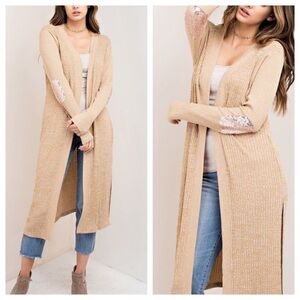 Ribbed Long Cardy with Sequins Elbow Patches